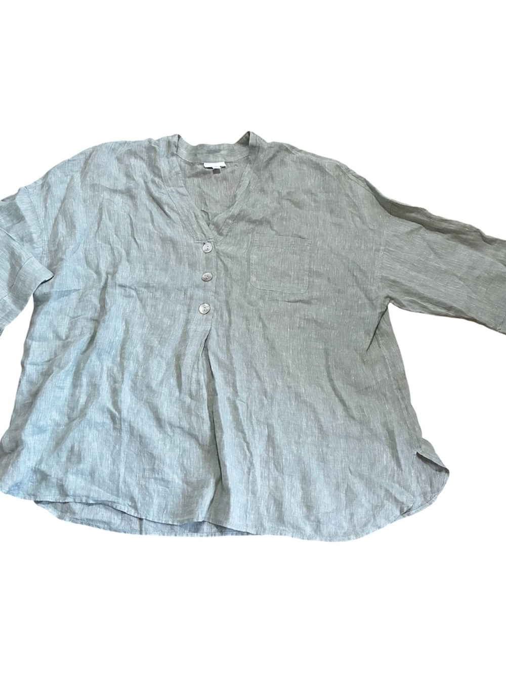 Purejill Light Gray Light Green Linen Button-Front Women's Popover Top